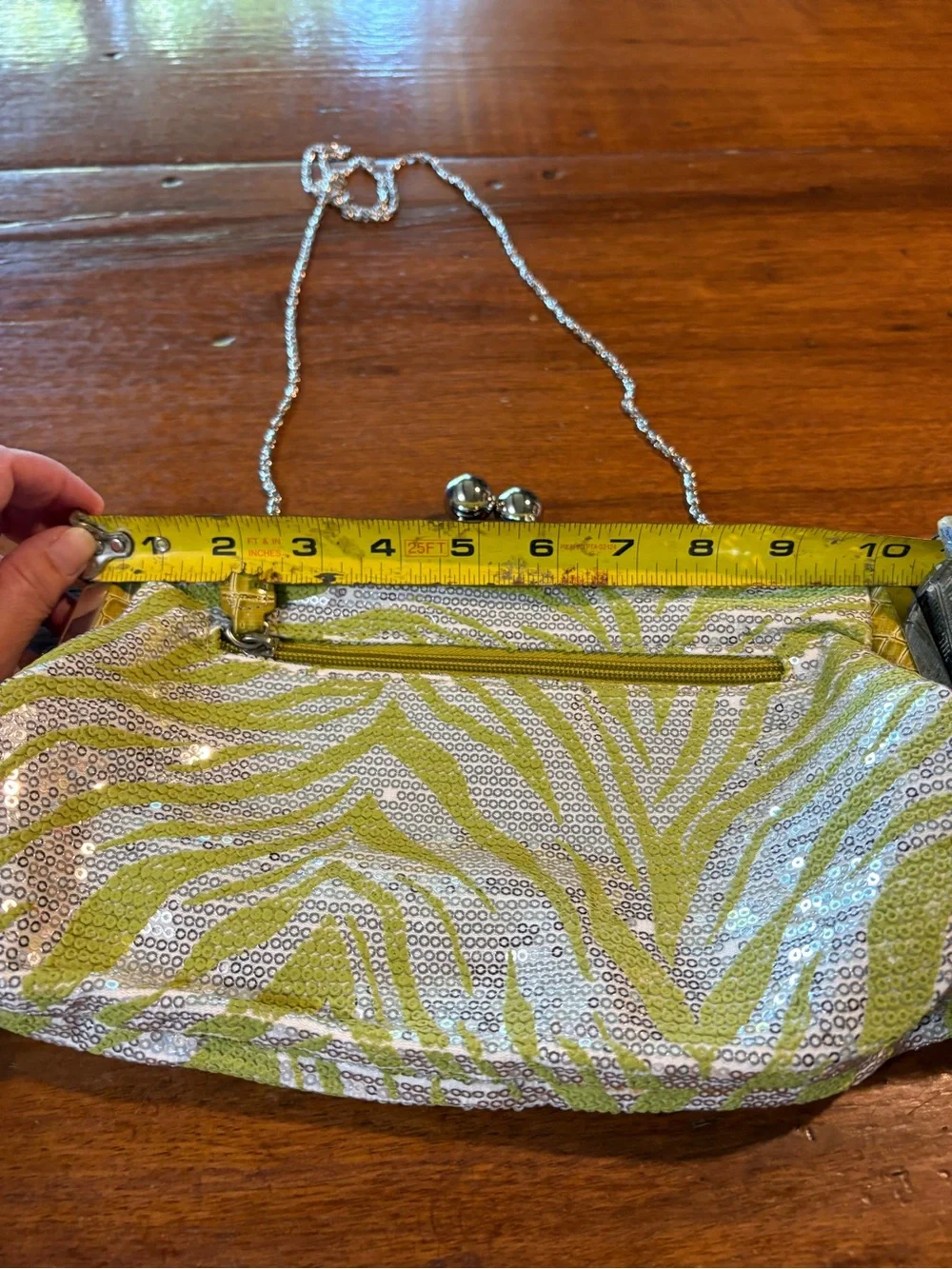 Sequined Zebra-Print Clutch in Lime Yellow with Silver Chain